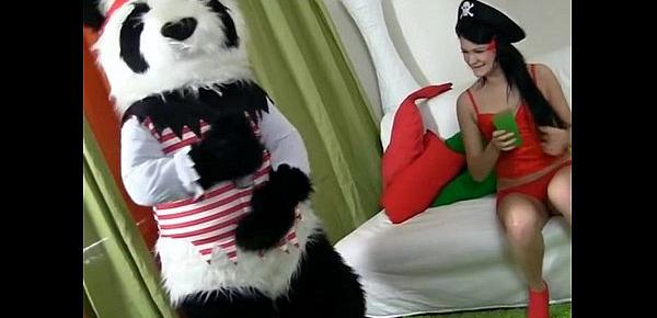 Sexy brunette girl in red tempts Panda